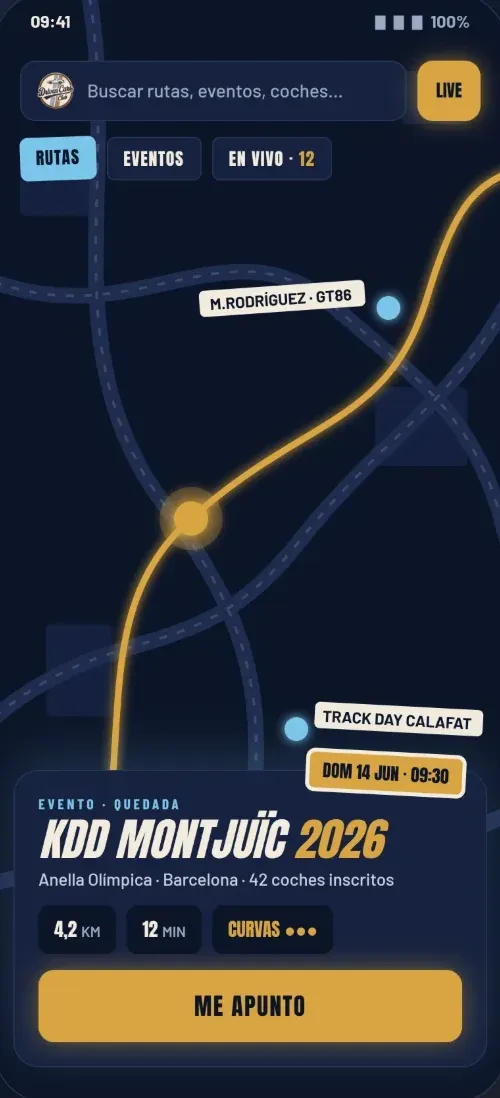 Driven Cars Club — pantalla de ruta y quedada